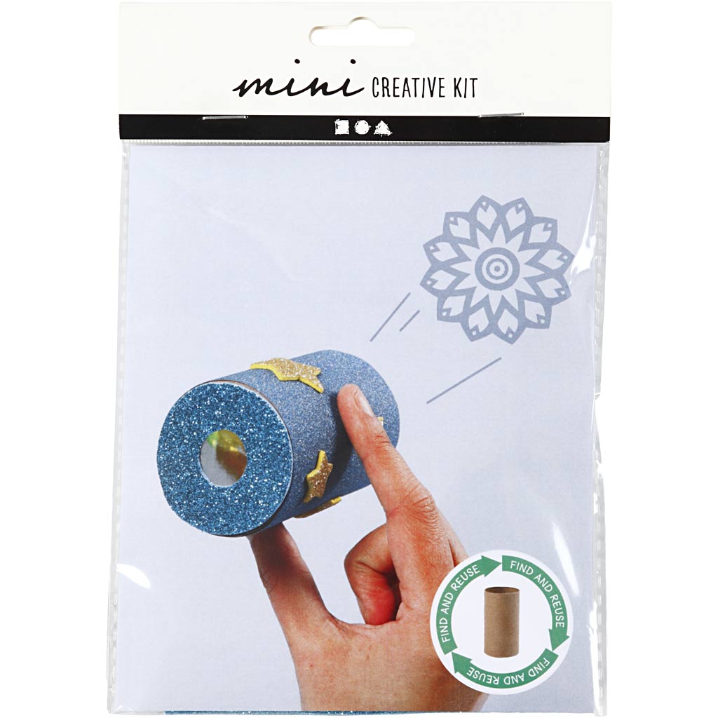 Packaging of a mini creative kit with a blue cylindrical object and hand holding it.