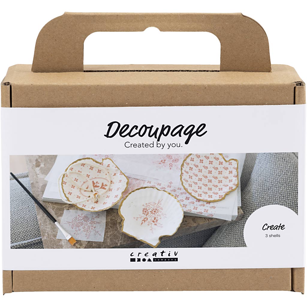 Decoupage kit packaging with decorative papers and tools on a white background