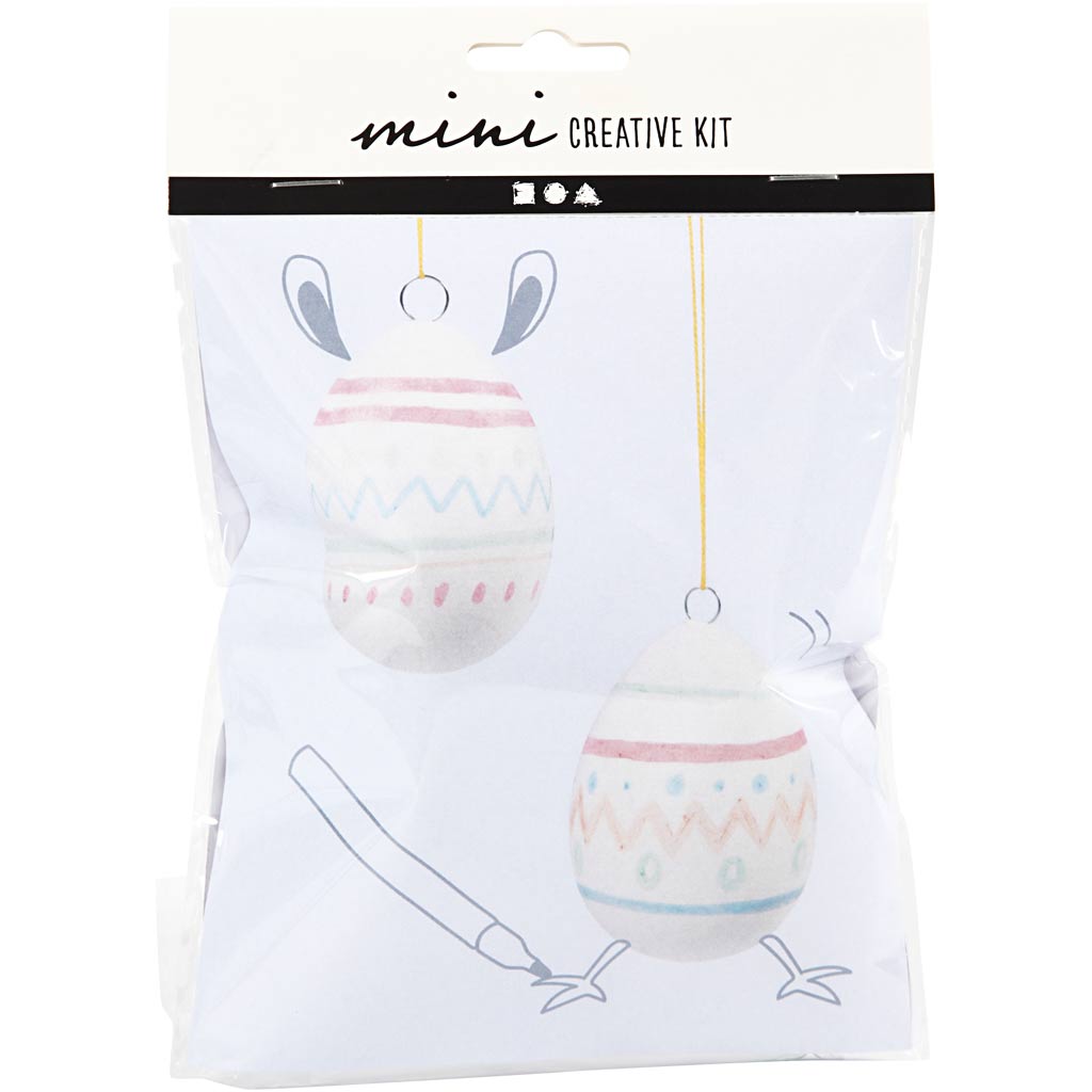Packaged mini creative kit with two decorative eggs on a white background