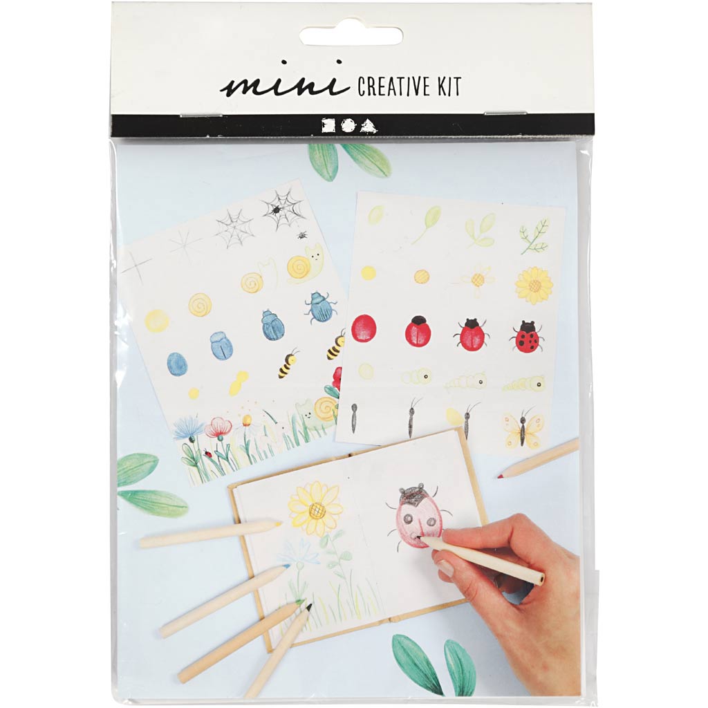 Mini creative kit with illustrations and a hand holding a craft item on a white background