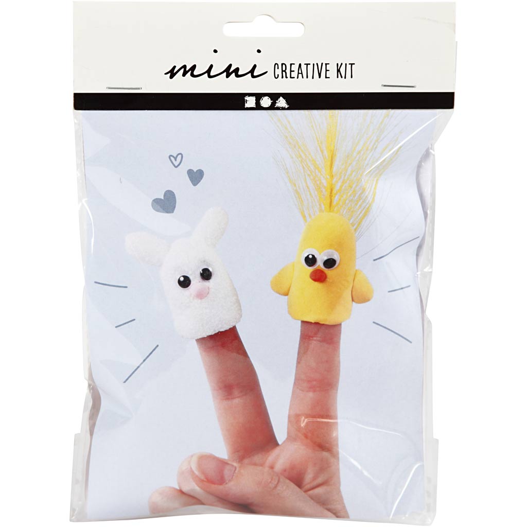 Packaged mini creative kit with finger puppets on a white background
