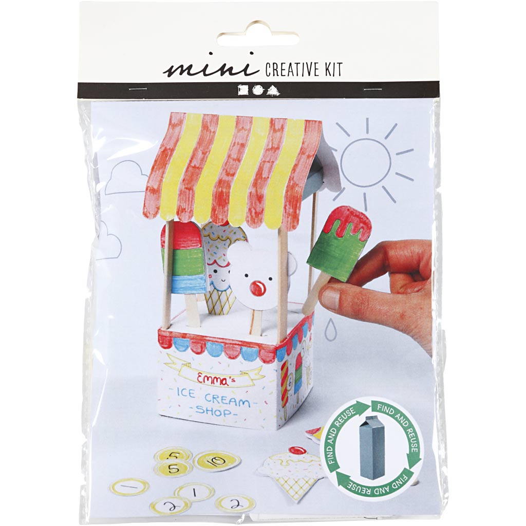 Mini creative kit packaging with ice cream shop design and hand holding a card.