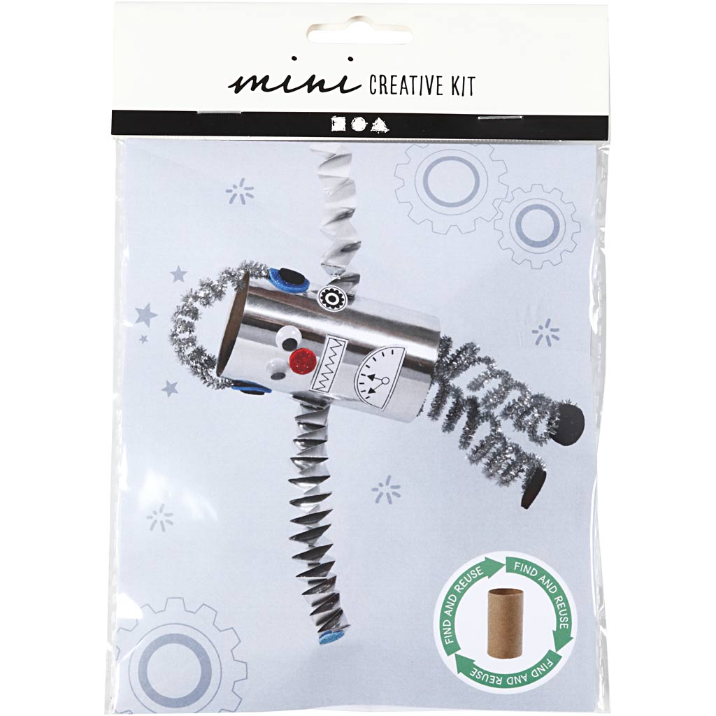Mini creative kit packaging with a toy robot and accessories on a white background