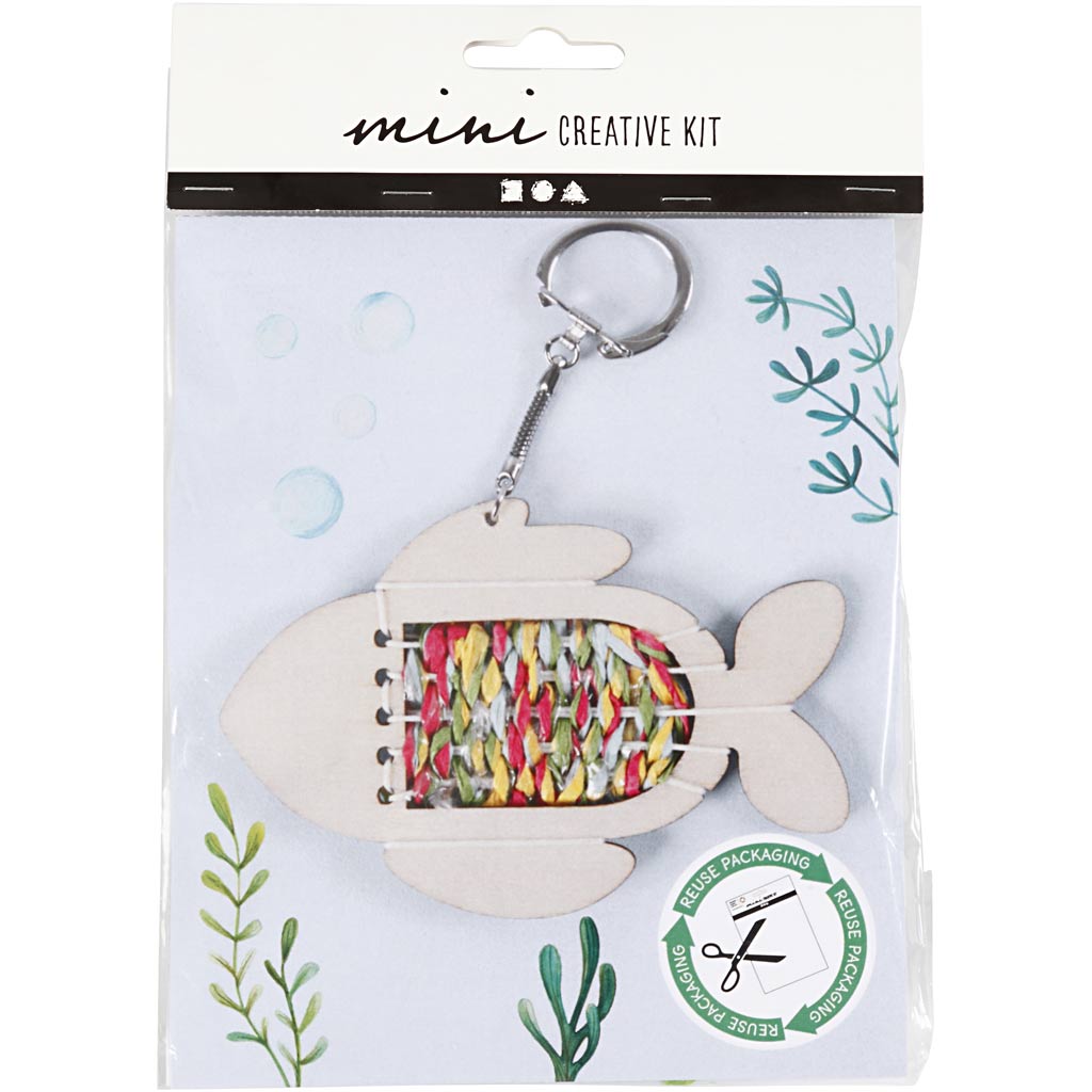 Fish-shaped keychain with colorful interior on a white background