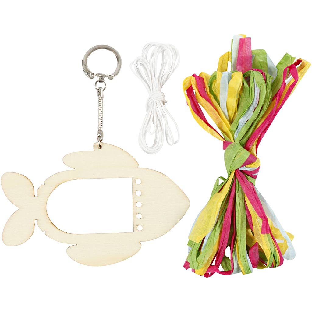 Fish-shaped wooden cutout with ribbons and keychain on a white background