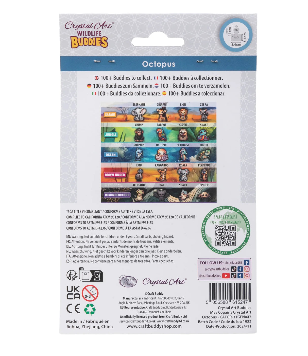 Back of a packaging for Crystal Art Wildlife Buddies with character illustrations and branding details.