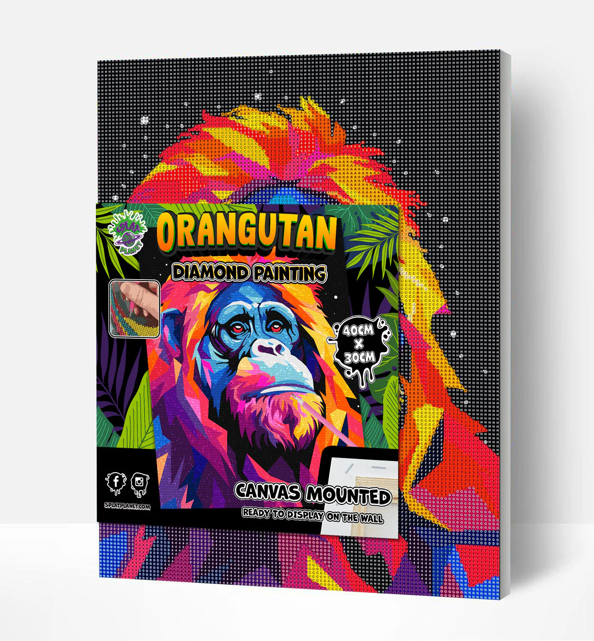 Diamond painting kit packaging with colorful orangutan design on a white background