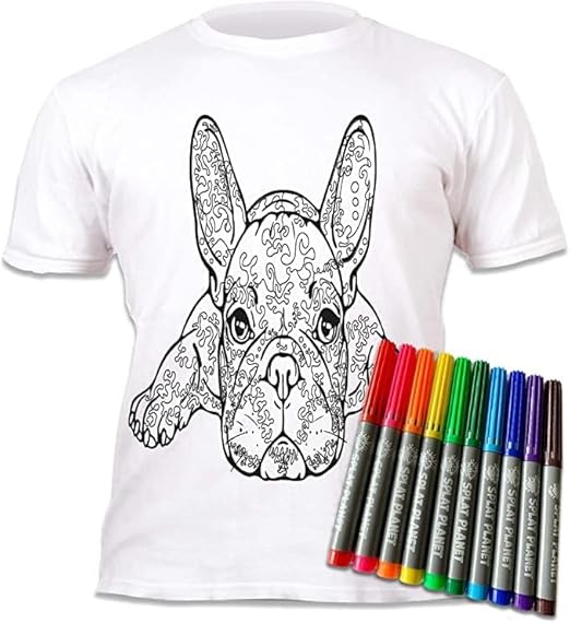 A white tshirt with a black drawing of a french bulldog with a pack of markers in the corner on a white background