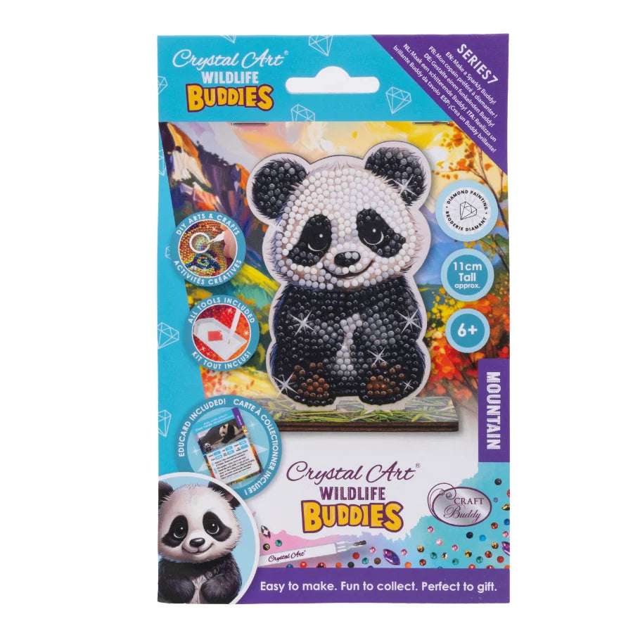 Crystal Art Wildlife Buddies Series 7 Mountain Panda diamond painting kit in its original retail packaging, featuring a colorful panda design made of black and white crystals.
