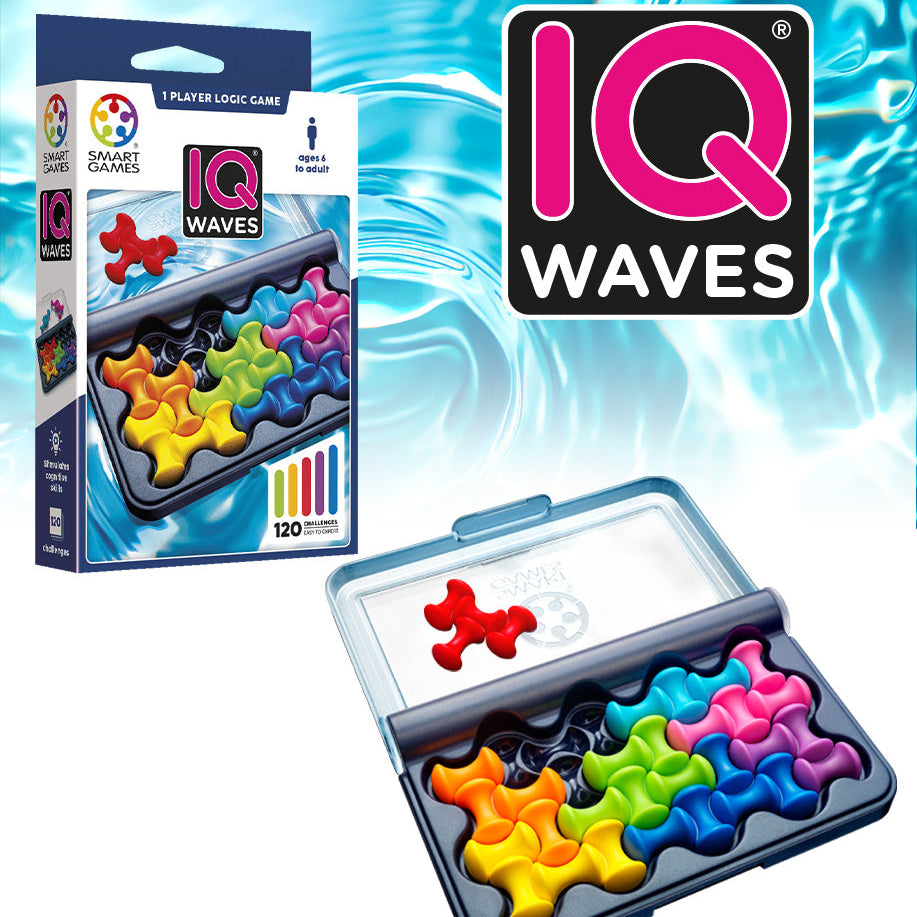 IQ Waves puzzle game with colorful pieces and packaging on a blue water-themed background