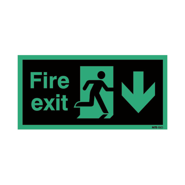 Safety Sign Niteglo Fire Exit Running Man Arrow Down 150x450mm Self-Adhesive NG28A/S