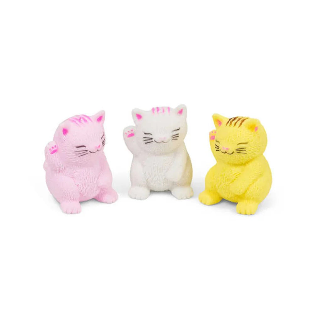 Three small cat-shaped plush toys in pink, white, and yellow on a white background