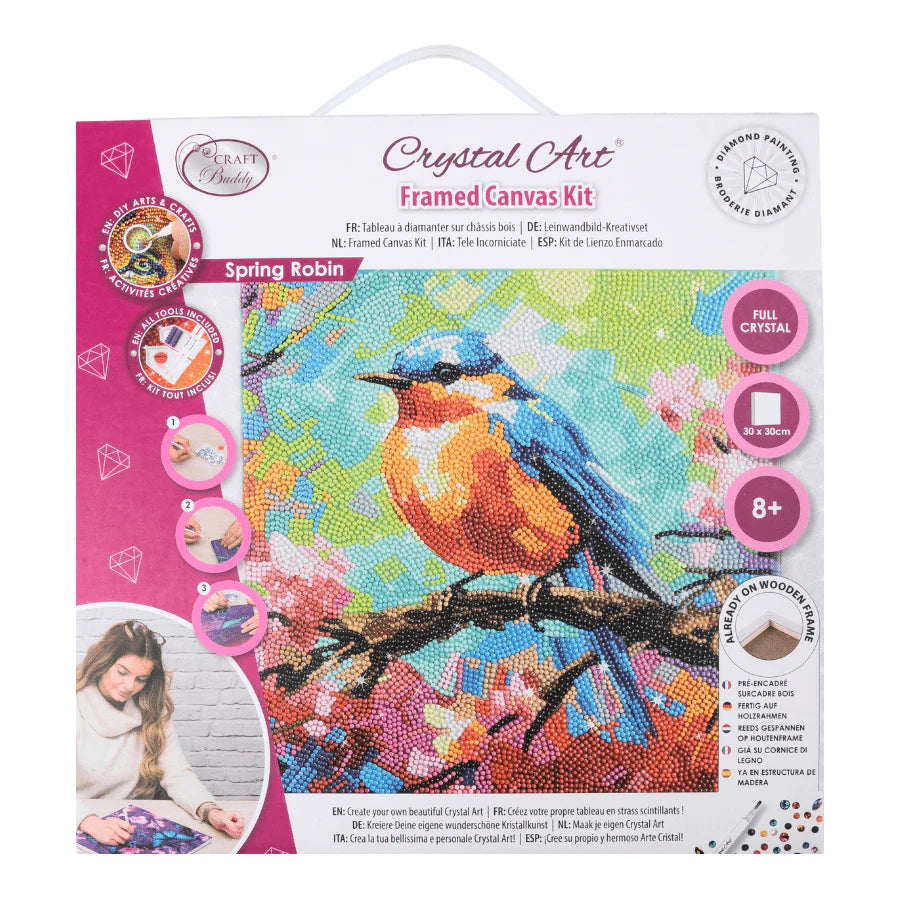 Crystal Art Framed Canvas Kit packaging with a spring robin design on a white background