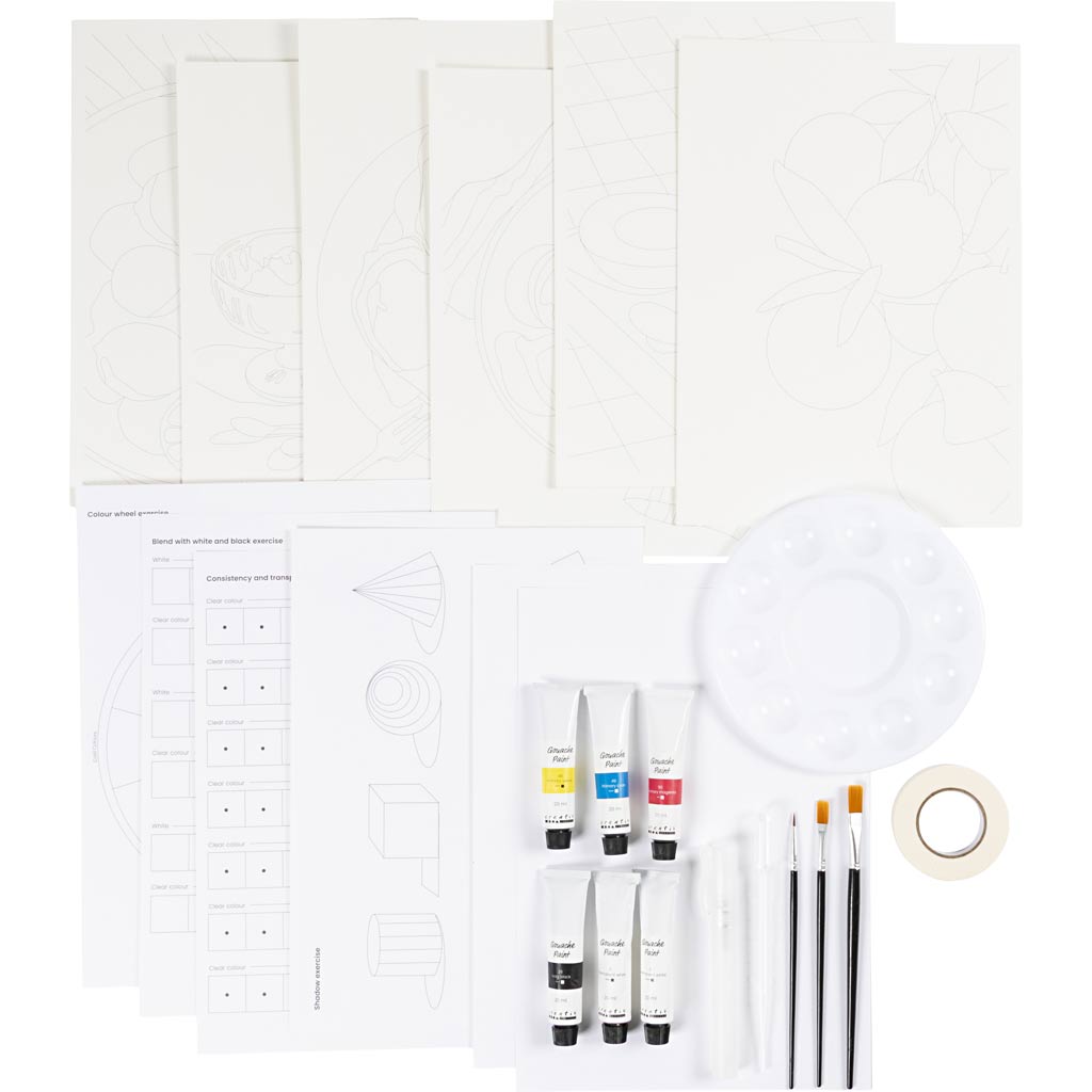 Art supply set with paint tubes, brushes, and a mask on a white background