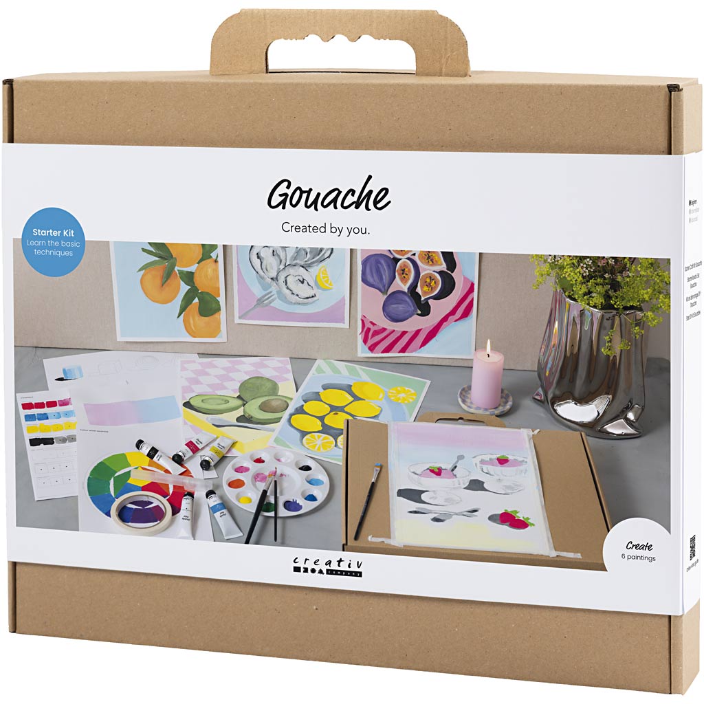 Gouache art kit packaging with paint samples and tools on a white background
