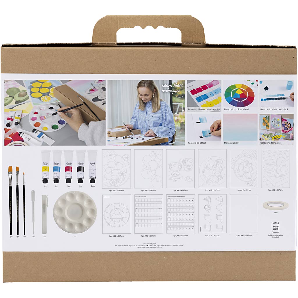 Art supply kit packaging with illustrations of art tools and activities on a white background