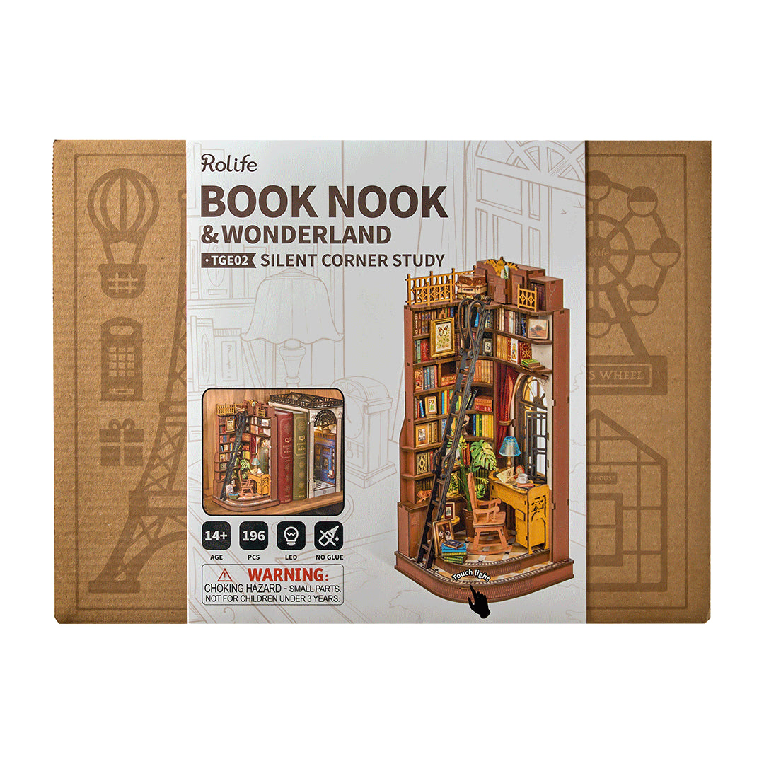Rolife Book Nook & Wonderland packaging with wooden bookshelf design on a white background