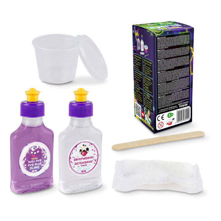 slime-making kit with bottles, box, and tools on a white background