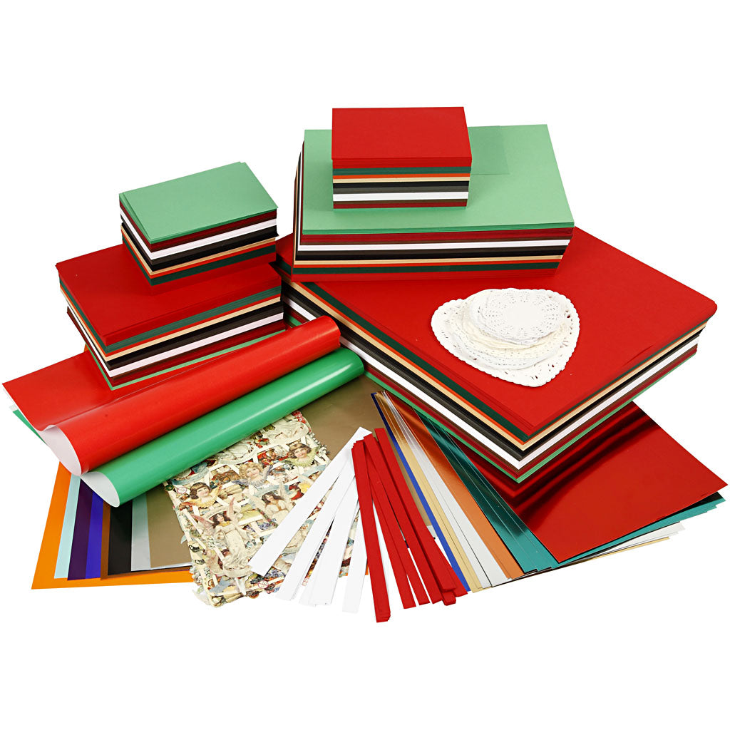 Assorted colorful paper stacks on a white background