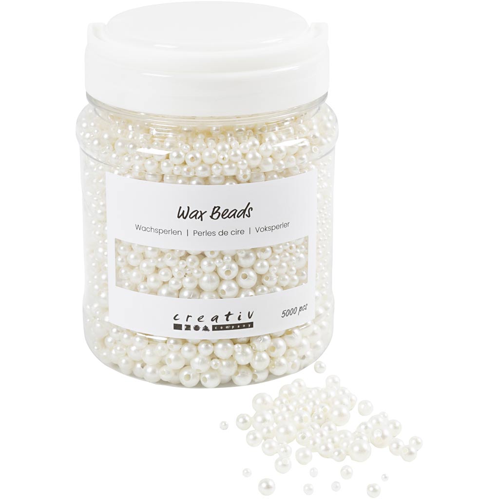 Jar of wax beads with a white lid on a white background