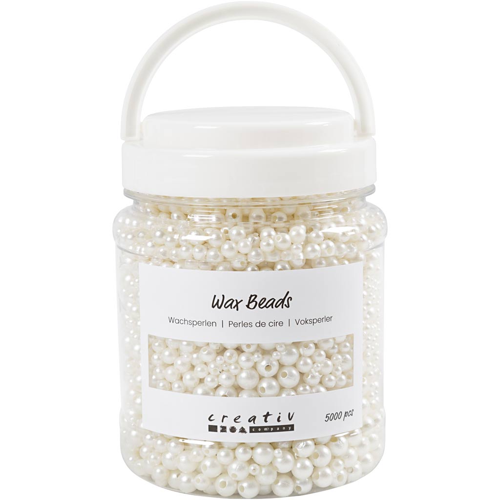 Jar of white wax beads with a visible brand label on a white background