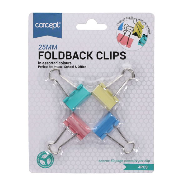 Concept Foldback Clips 25mm - Coloured (4 Pack)