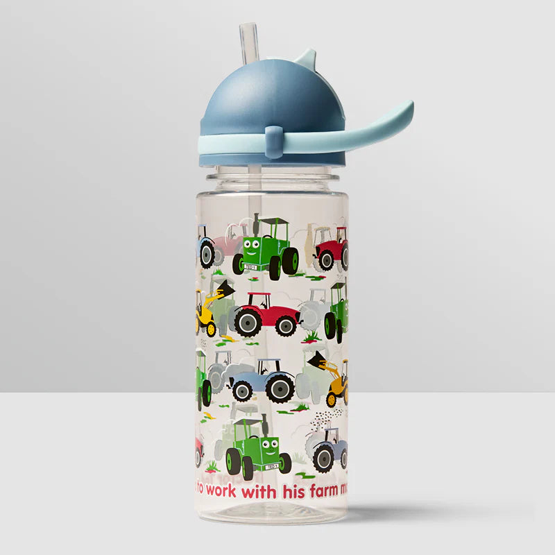 Children's water bottle with tractor pattern on a light gray background