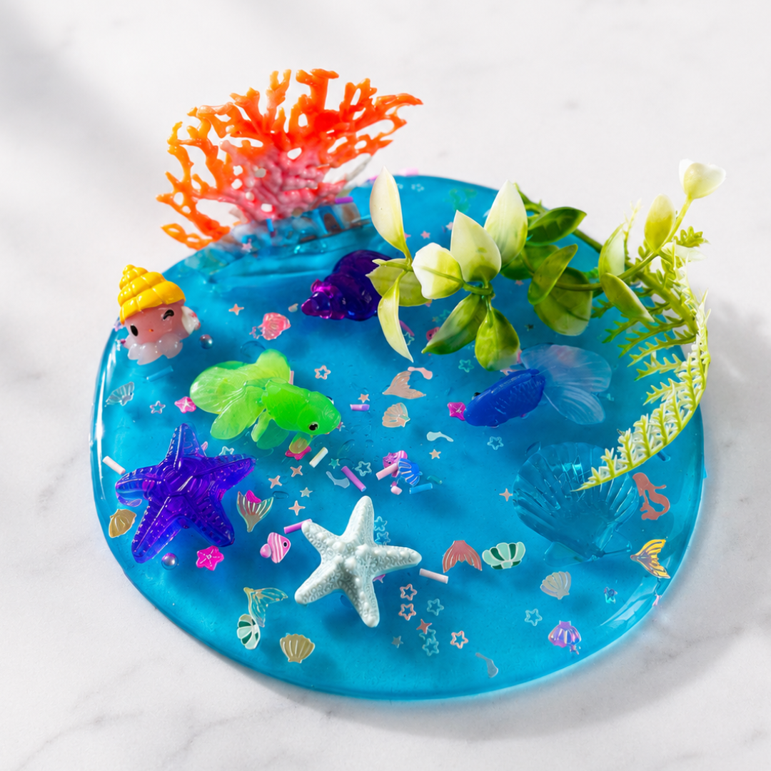 A round blue resin tray filled with colorful sea-themed decorations, including starfish, coral, small fish, and artificial plants, photographed on a light marble surface.