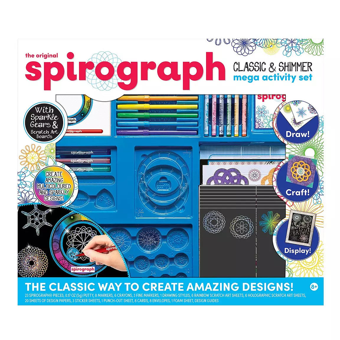 The original Spirograph Classic & Shimmer Mega Activity Set box cover, featuring a white background with a colorful collage of included tools such as drawing wheels, markers, and templates, plus circular callouts for Draw, Craft, and Display.