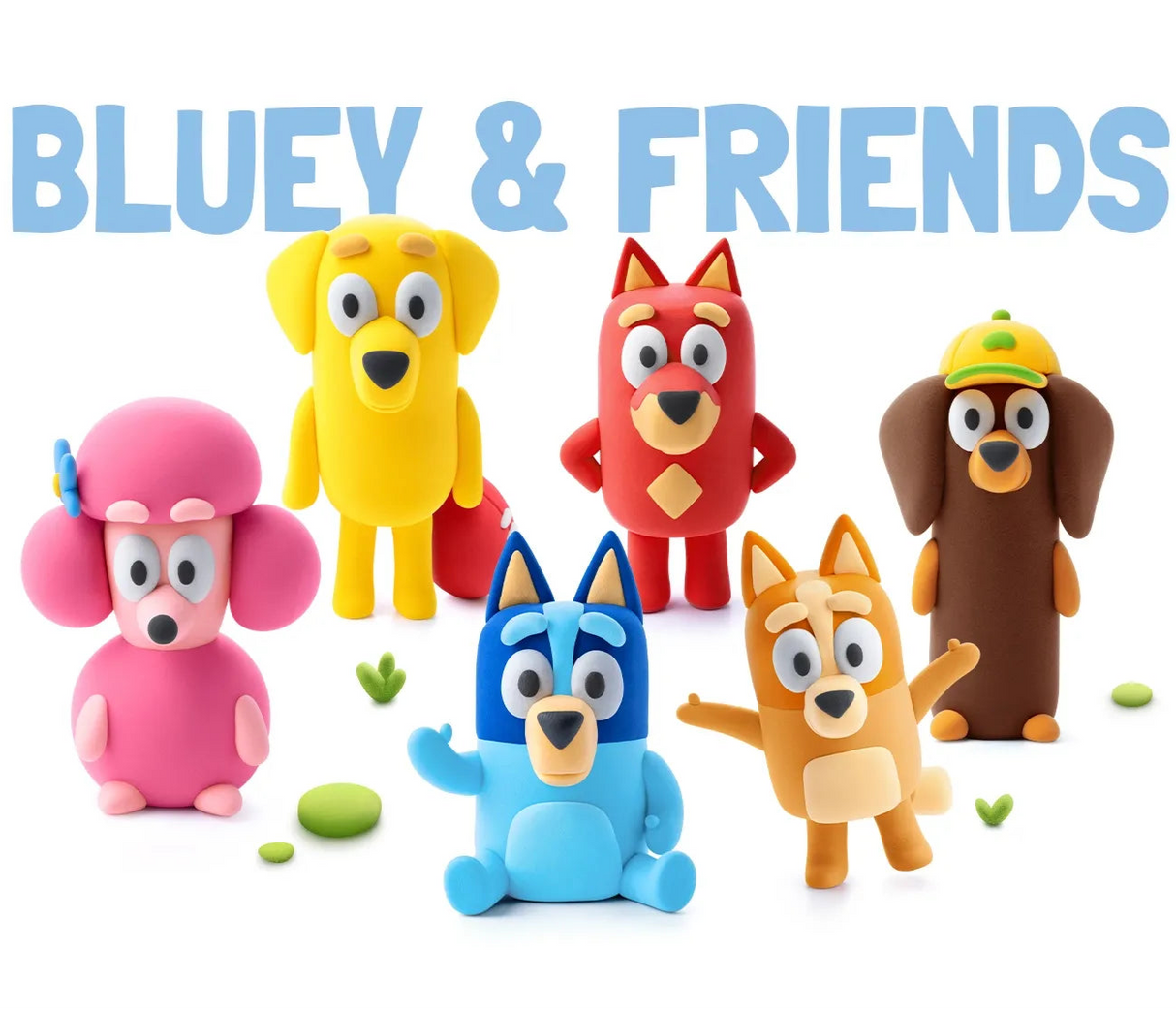 Colorful clay figures of characters from 'Bluey & Friends' on a white background