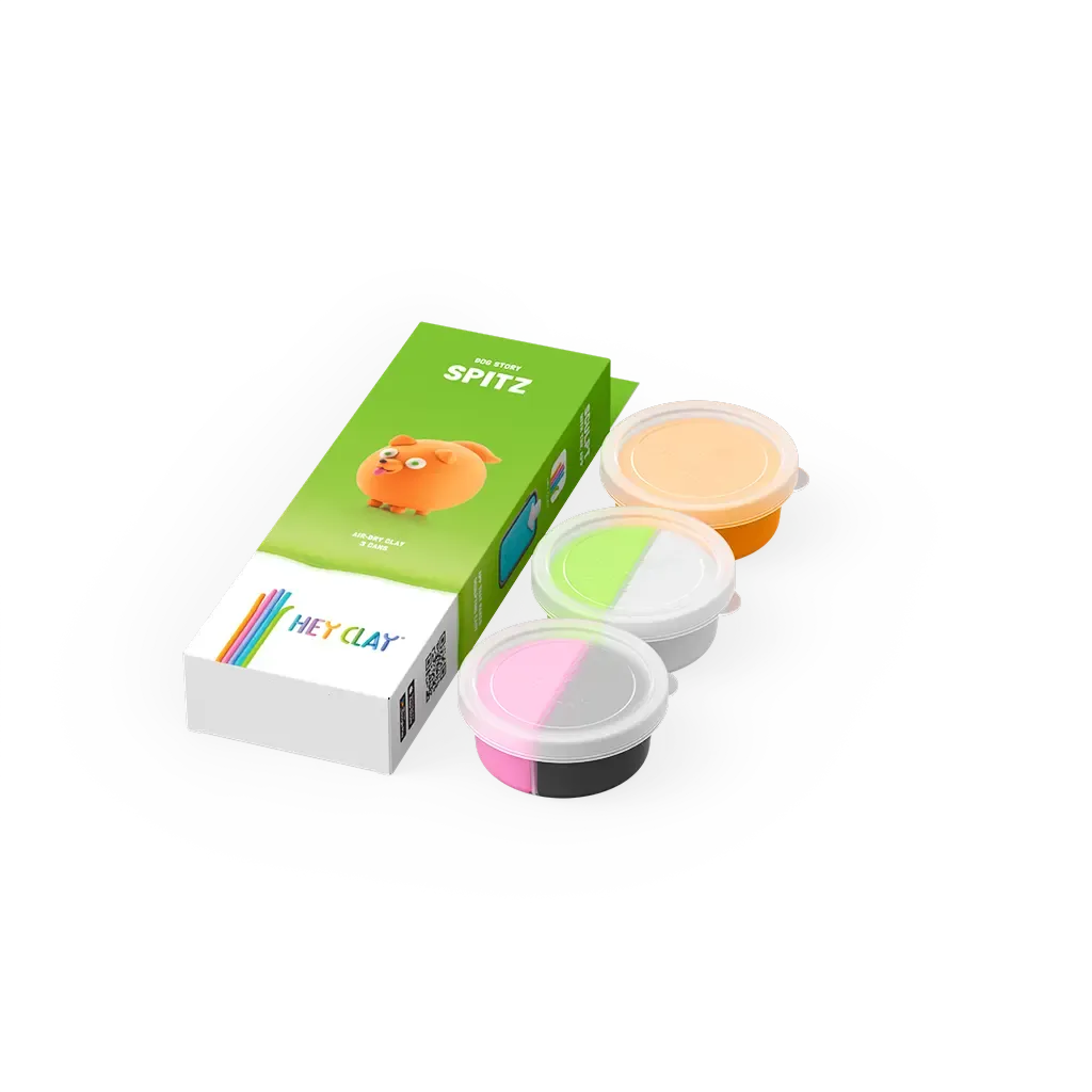 Spitz and HeyClay modeling clay set with green box and colorful clay pots on a white background