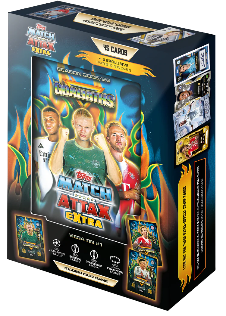 Box of Match Attax Extra trading card game featuring athletes and cards on a white background