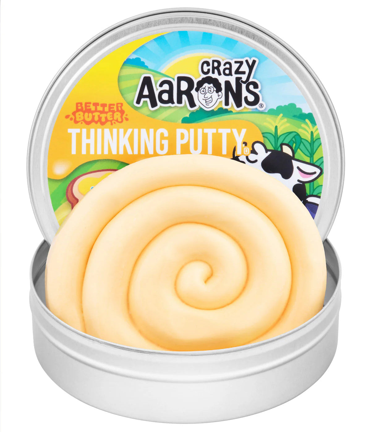 Crazy Aaron's Thinking Putty in a tin with a swirl of putty on a white background