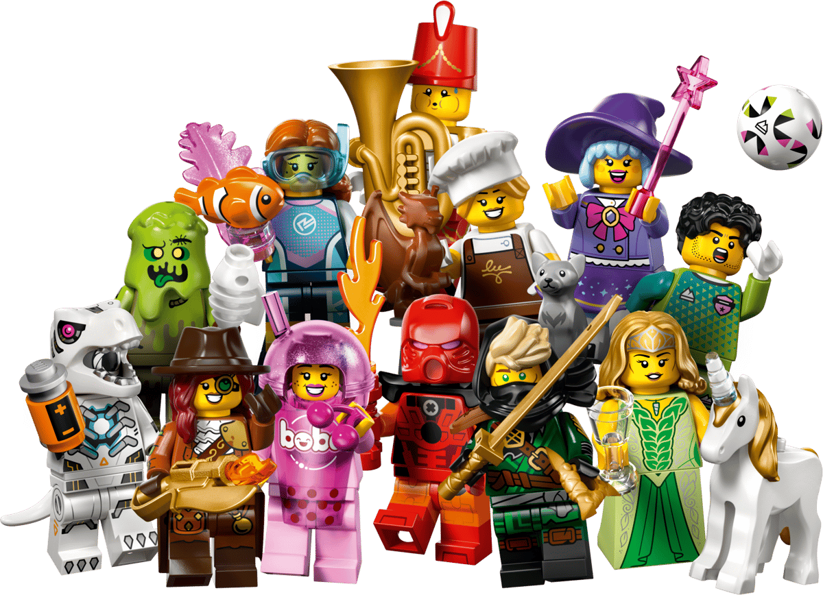 Collection of colorful LEGO minifigures with various accessories on a transparent background