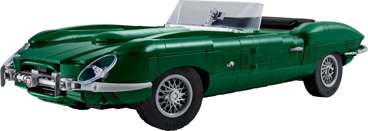 A green brick-built convertible sports car model, resembling a classic Jaguar E-Type, shown against a solid green background.
