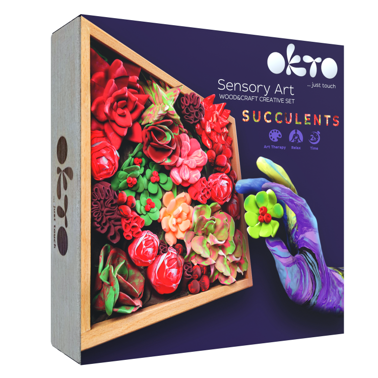 Okto Sensory Art Woodcraft Creativity Set Succulents, featuring a dark purple box with a photo of colorful succulents in a wooden tray and a hand wearing a purple glove holding a green succulent.