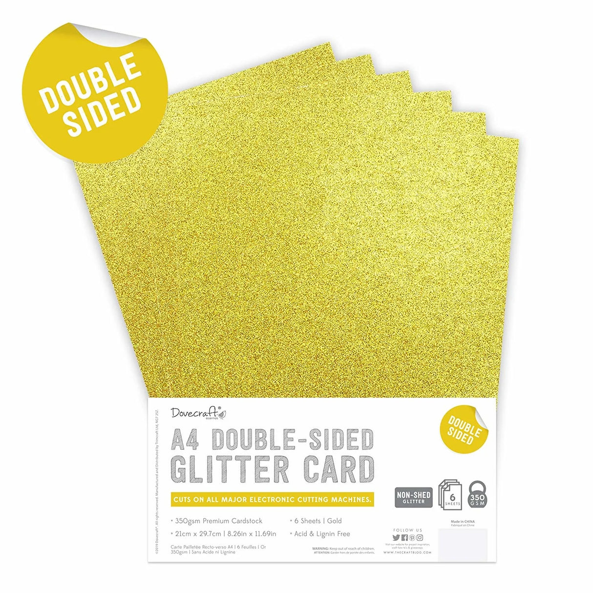 Dovecraft Glitter Card A4 Double Sided Sheets - Gold (6 Pack)