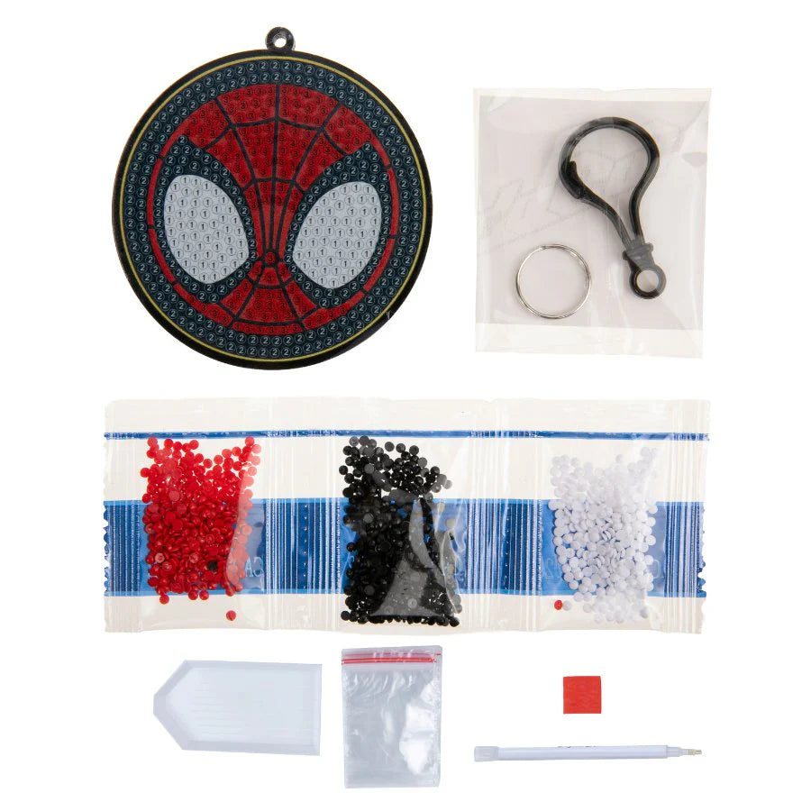 Spider-Man themed craft kit with beads, tools, and a completed design on a white background