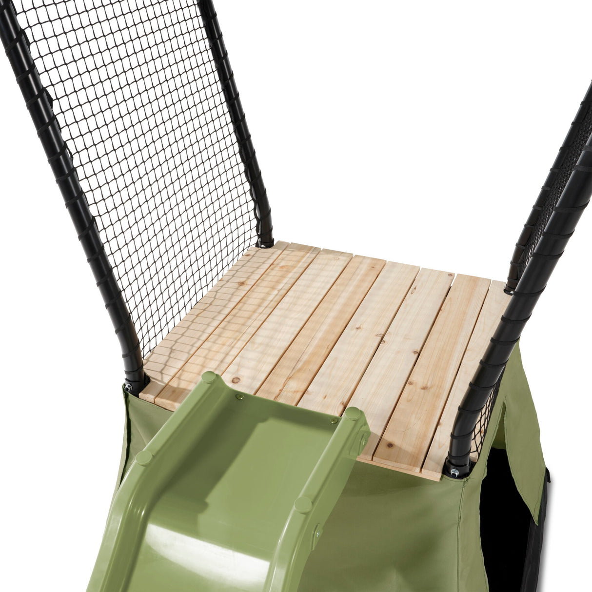 Children's play structure with wooden platform and green slide on a white background