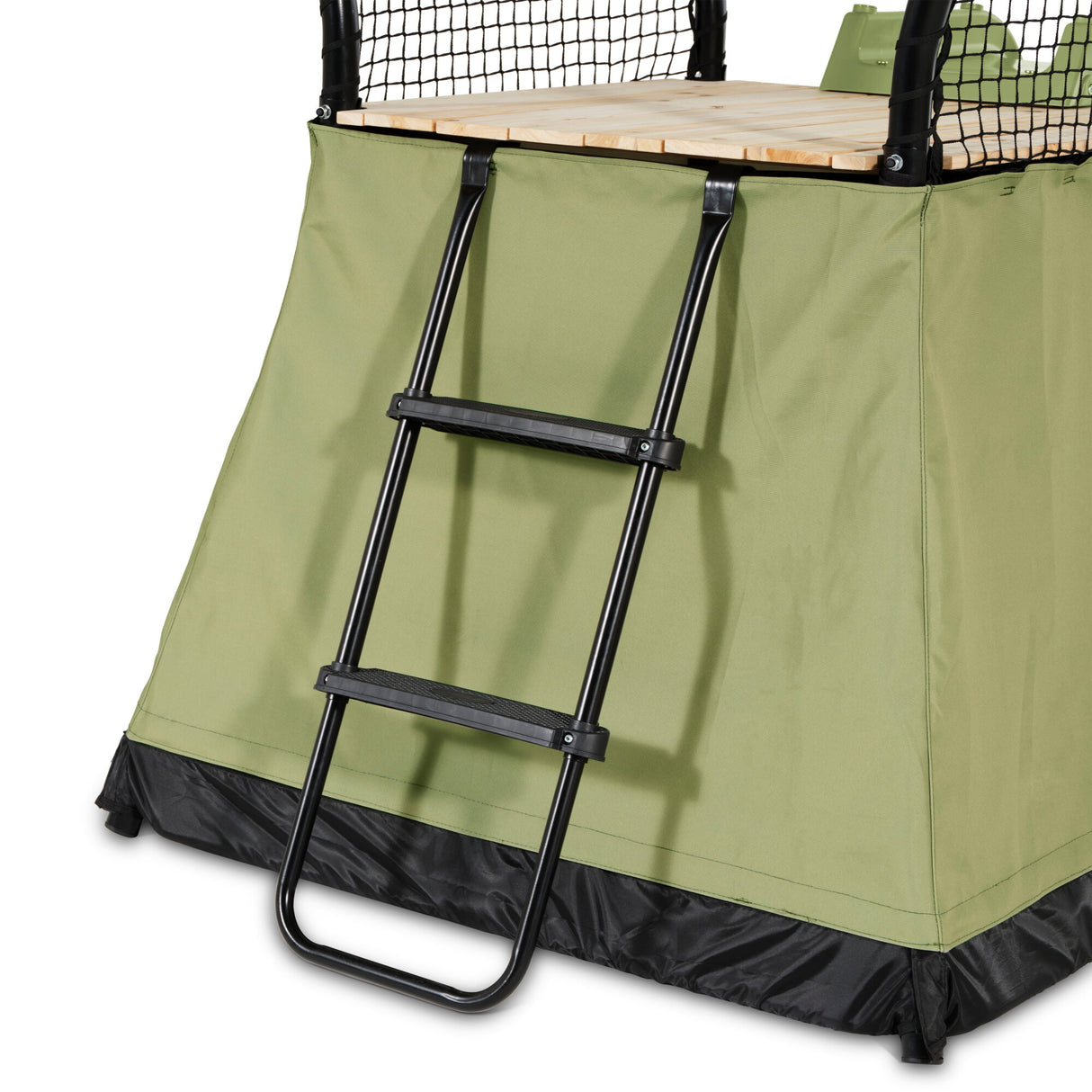 Green platform safety net with ladder on a white background