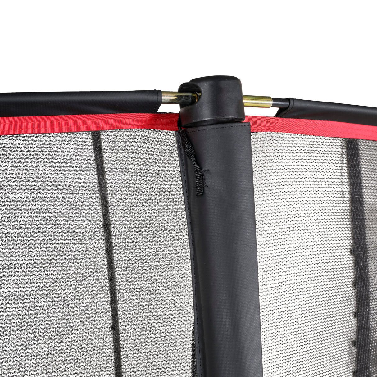 Close-up of a trampoline safety net with black frame and red border on a white background