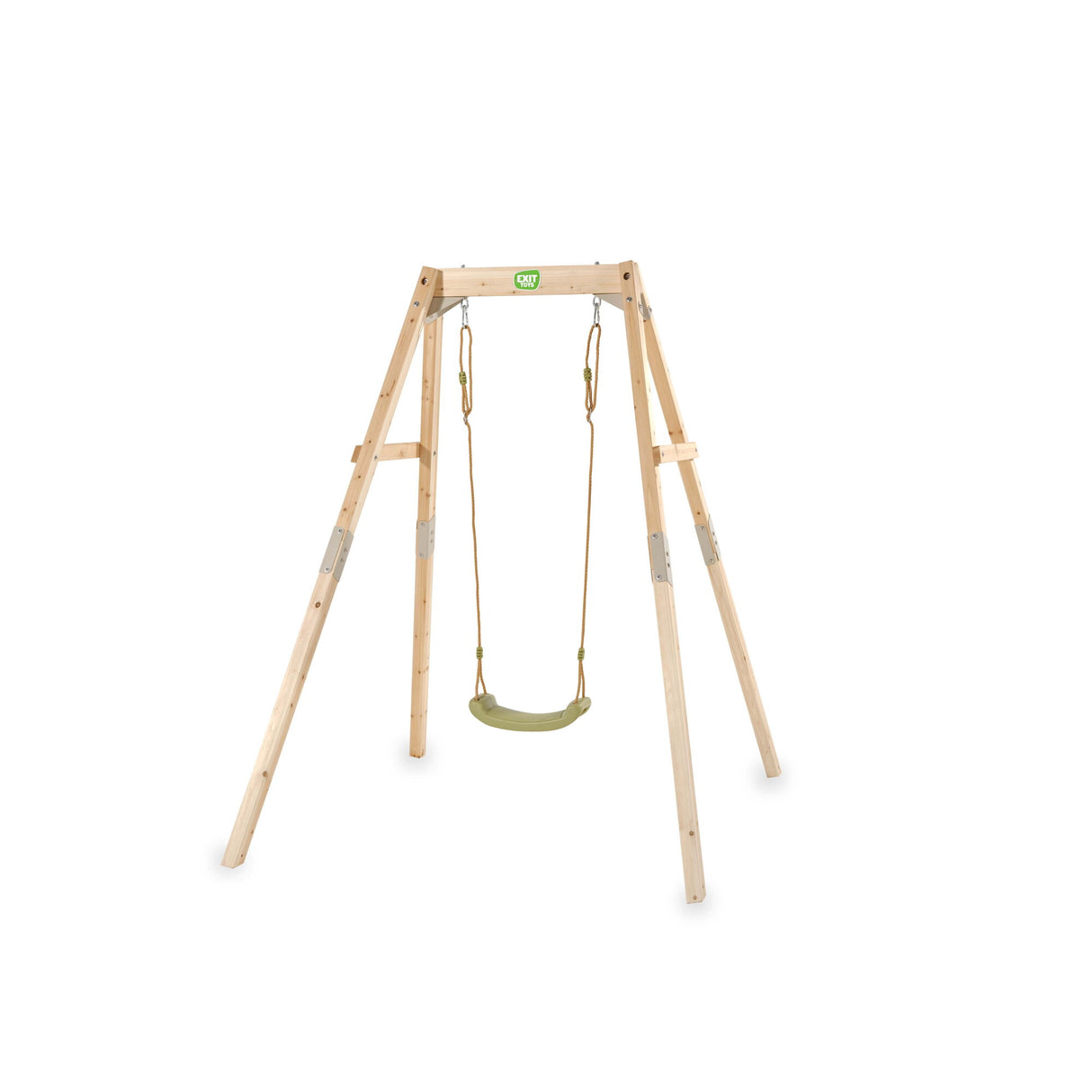 Wooden swing set with a single swing on a white background