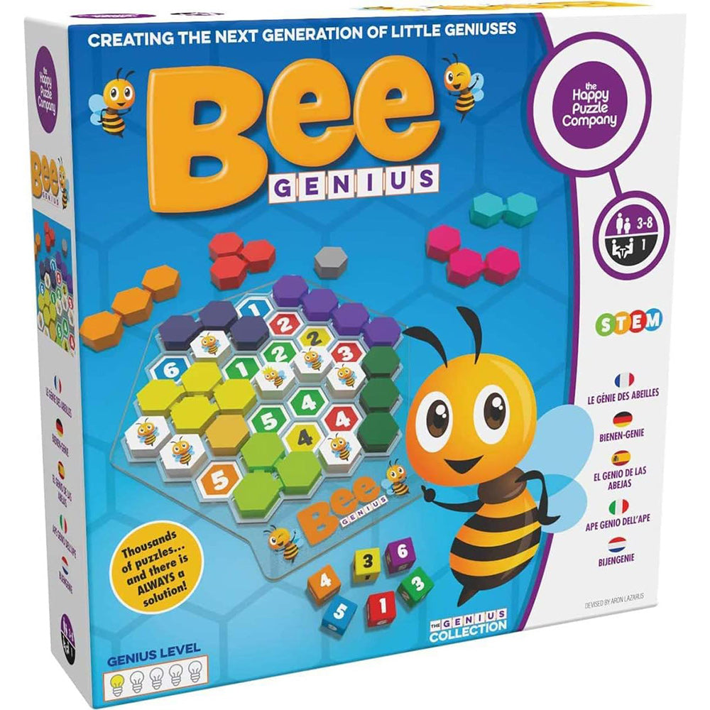 Bee Genius educational puzzle game box by The Happy Puzzle Company, featuring a bright blue front design with a cartoon bee, honeycomb board, and colorful pieces.