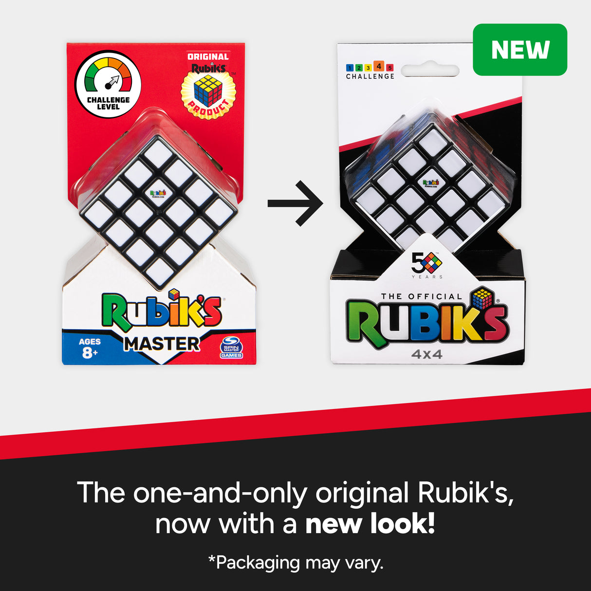 Comparison of Rubik's Cube packaging with new design on a white background