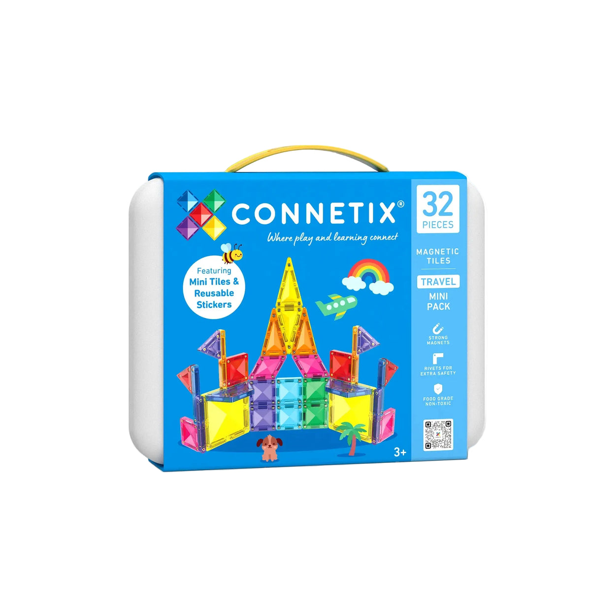 Connetix Travel Mini Pack toy set in a white hard carrying case with a bright blue front panel, yellow handle, and colorful magnetic tile and sticker illustrations on the box.