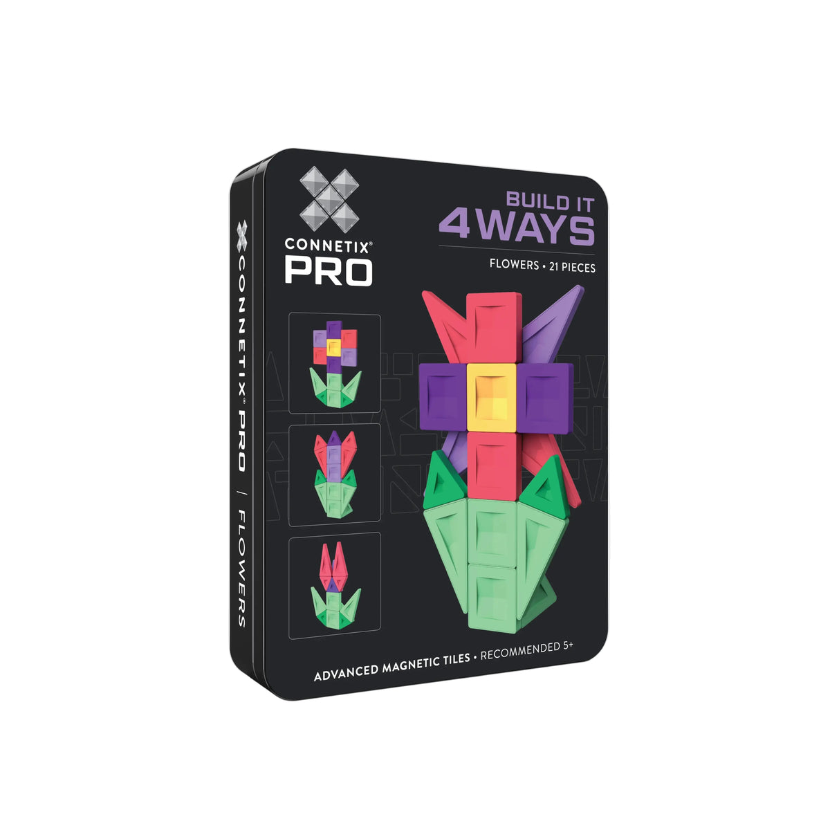 Connetrix Pro Build It 4 Ways flowers set in a black metal tin box, featuring colorful magnetic flower tiles on a clean white background.