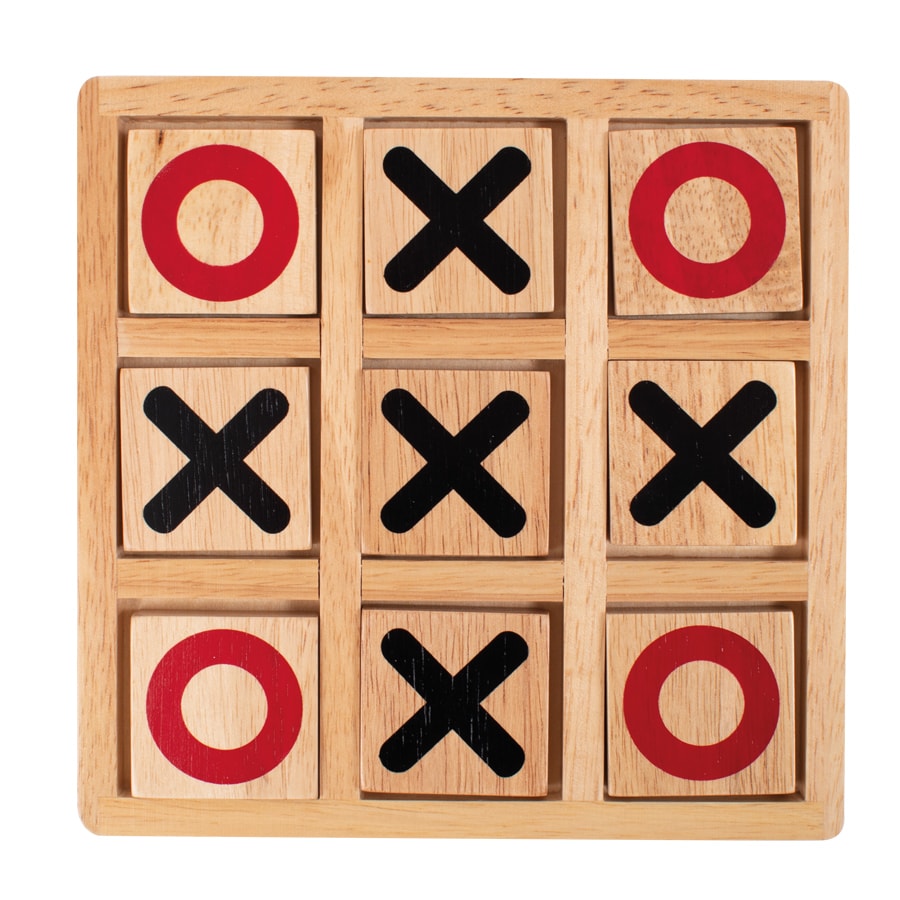 Wooden tic-tac-toe game with red and black symbols on a white background