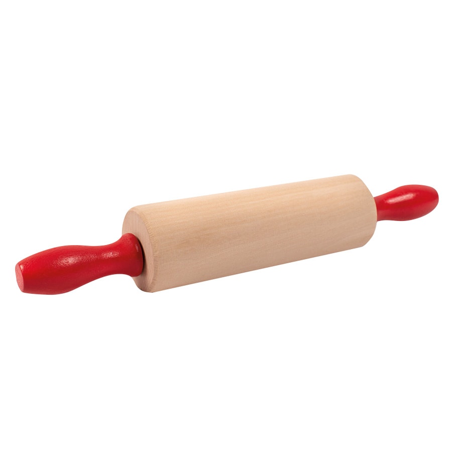 Wooden rolling pin with red handles on a white background
