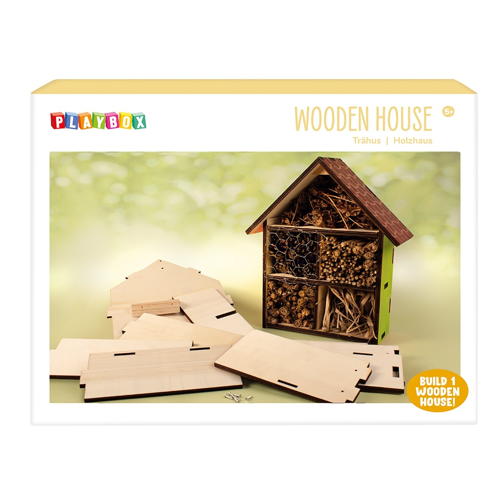 Playbox wooden house kit packaging with wooden pieces and completed house on a light green background.