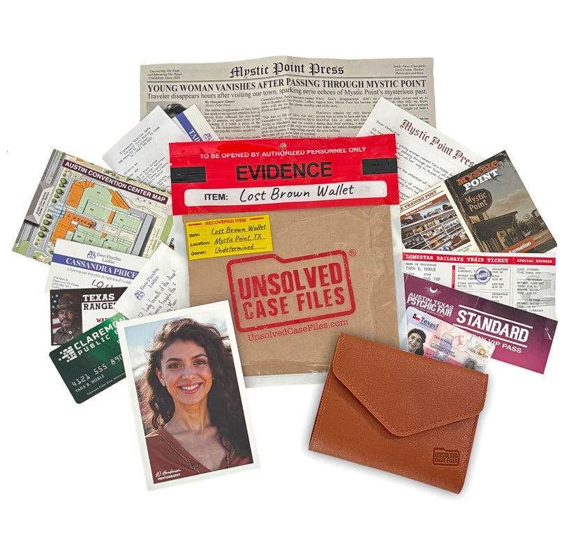 A flat-lay arrangement of mystery file and evidence-themed accessories on a white background, including a brown envelope-style wallet, a kraft paper file labeled 'Unsolved Case Files,' a red evidence marker, newspaper clippings, cards, and a photo print.